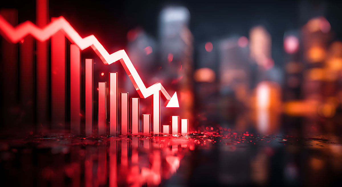 Stock chart with a red arrow heading down