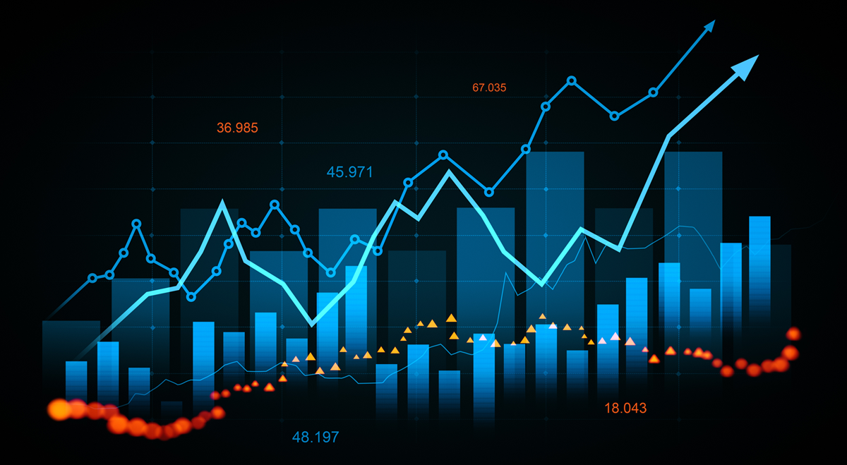 Stock chart with blue arrow moving up