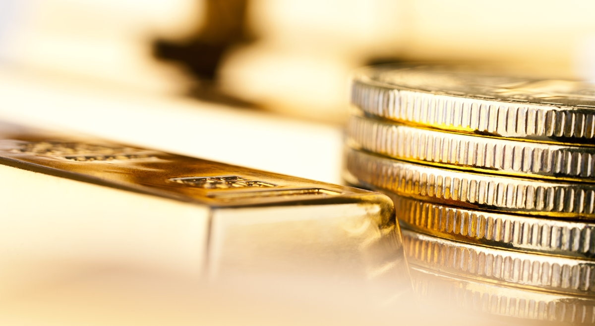 Gold bar and coins