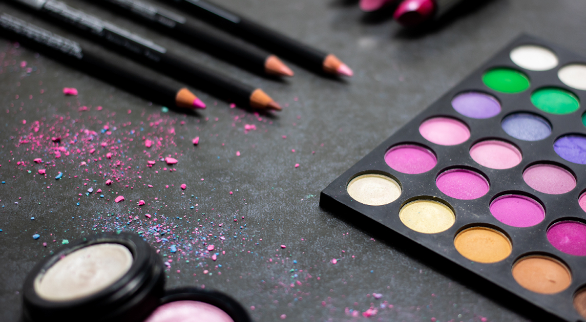 Makeup pencils and powder in many colours